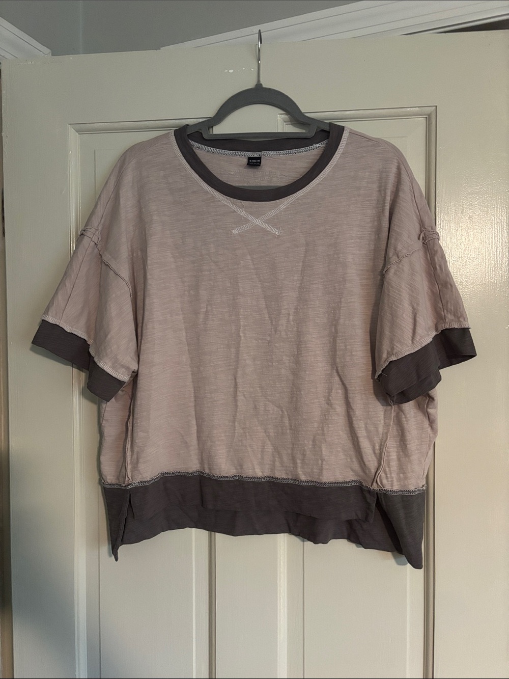 SHEIN Short Sleeve Boxy Tee in Taupe and Dark Gray Trim